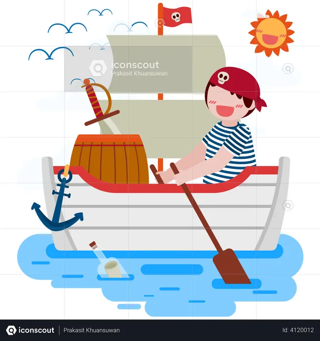 Salad boy boating pirate ship in the sea  Illustration