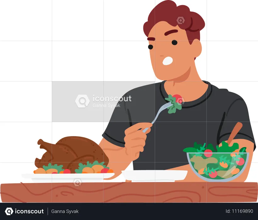 Homem comendo salada com frango assado na mesa.  Ilustração