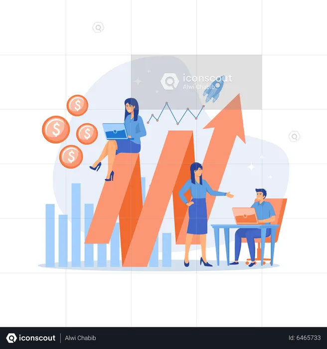 Sales managers with laptops and growth chart  Illustration