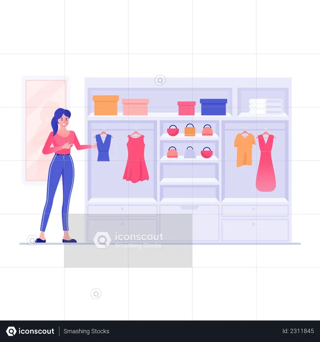 Sales woman arranging clothes in clothing store  Illustration