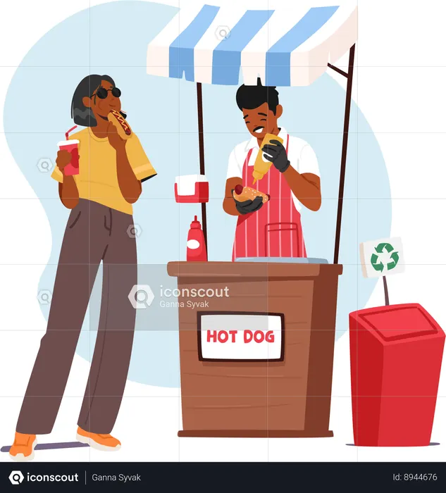 Salesman sells grill hot dogs  Illustration