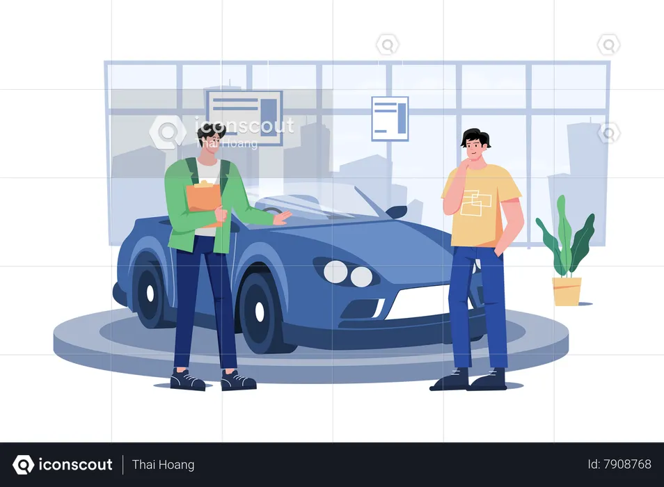 Salesperson Showing The Vehicle To A Potential Customer In The Dealership  Illustration