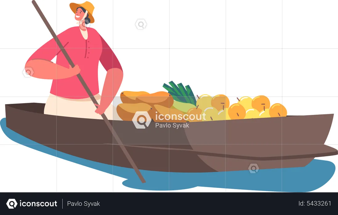 Saleswoman Sell Goods Float on Boat  Illustration