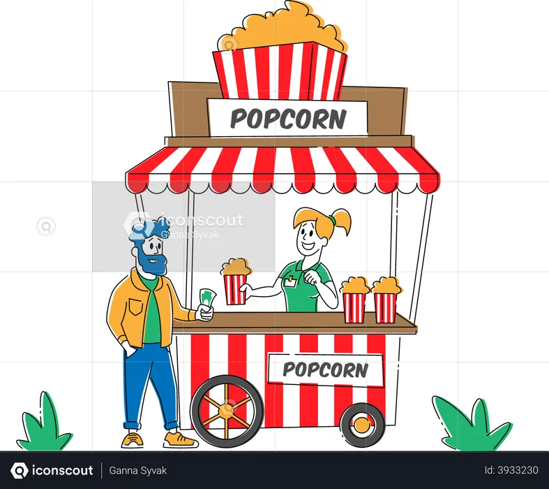 Saleswoman Sell Pop Corn in Booth on Street to Young Man Customer  Illustration