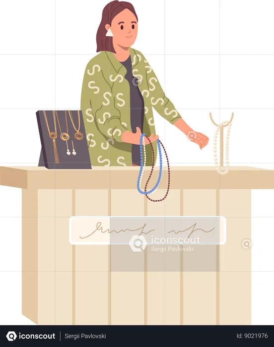 Saleswoman selling precious pearl necklace and golden items at jewelry store  Illustration