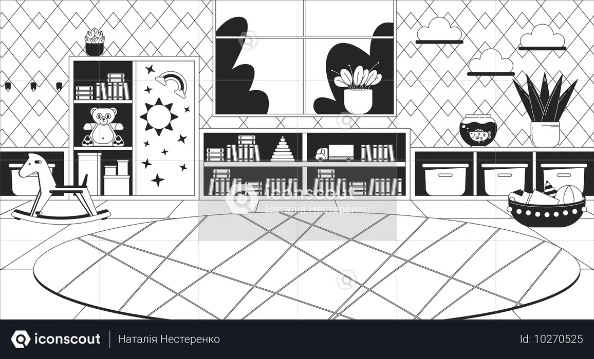 Salle de jeux vide avec tapis et jouets pour enfants  Illustration