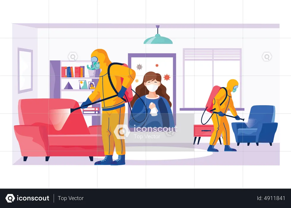 Sanitary inspection workers clean live room  Illustration