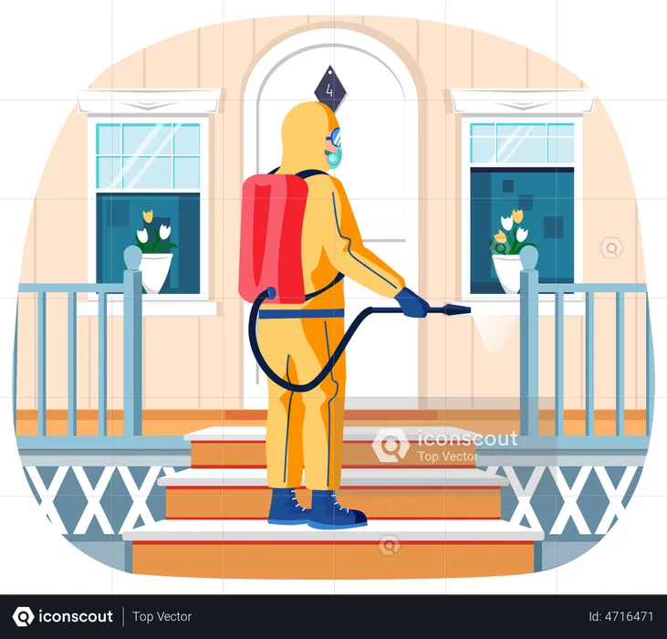 Sanitary worker cleans porch  Illustration
