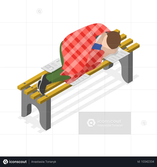 Homme sans abri dormant sur un banc  Illustration