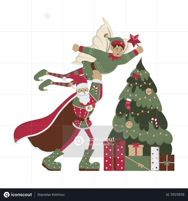 Santa and elf decorating the tree  Illustration