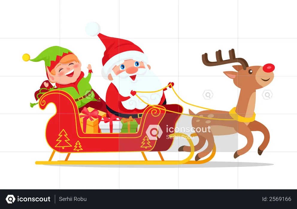 Santa and elf in carriage of deer on their way to bring presents into every home  Illustration