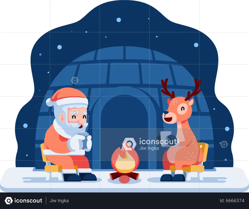 Santa and Reindeer Drinking Tea Around Campfire  Illustration