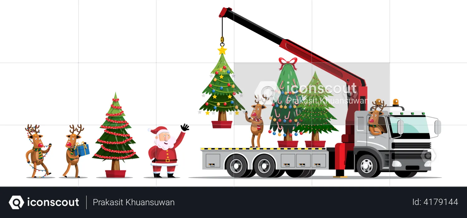 Santa and reindeer loading Christmas trees in truck using crane  Illustration