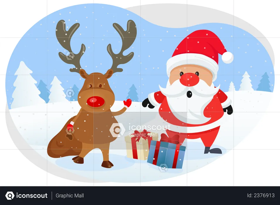 Santa and reindeer providing gifts  Illustration