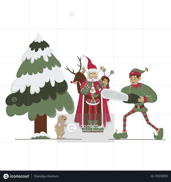 Santa and the elf cutting tree with chainsaw  Illustration