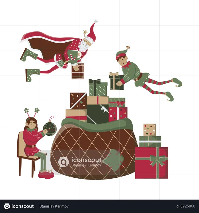 Santa and the elves holding big bag of gifts  Illustration
