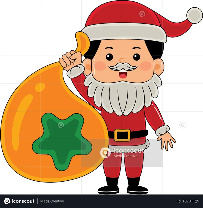 Santa boy carrying huge bag of gifts on back  Illustration