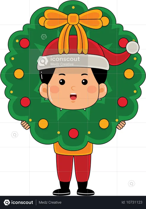 クリスマスリースを持つサンタの少年  イラスト