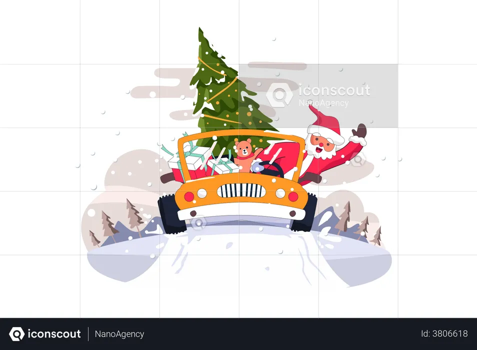 Santa bringing Christmas tree and gifts  Illustration