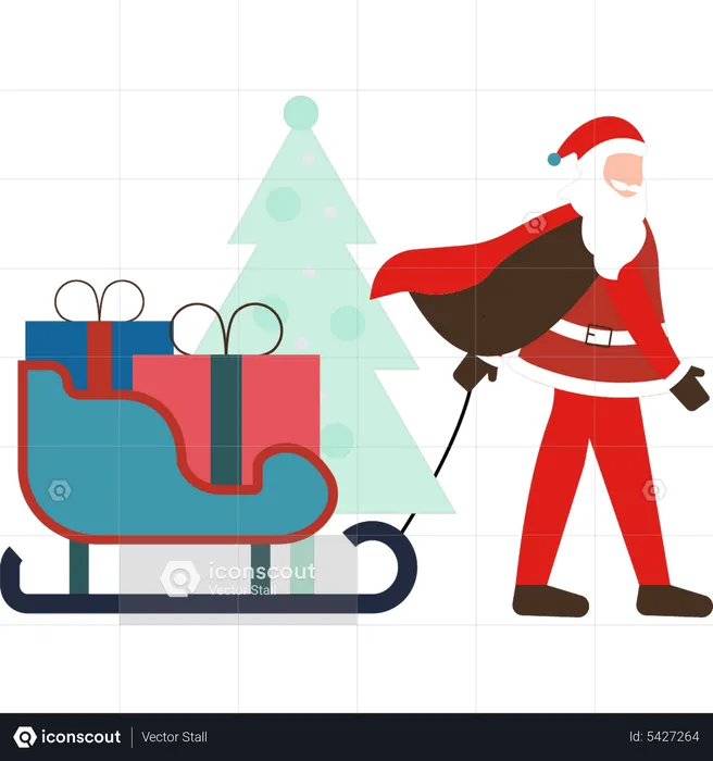 Santa carrying gift sleigh  Illustration