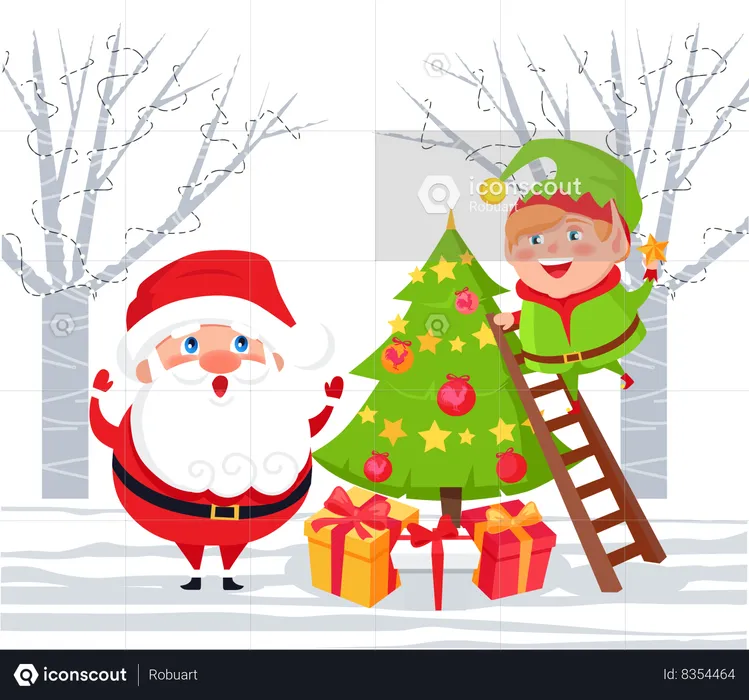 Santa Claus and Elf Decorating Pine Tree on Xmas  Illustration