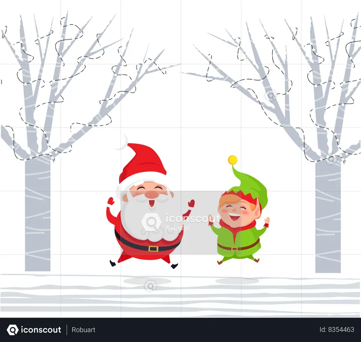 Santa Claus and Elf in Winter Forest Jumping with Joy  Illustration