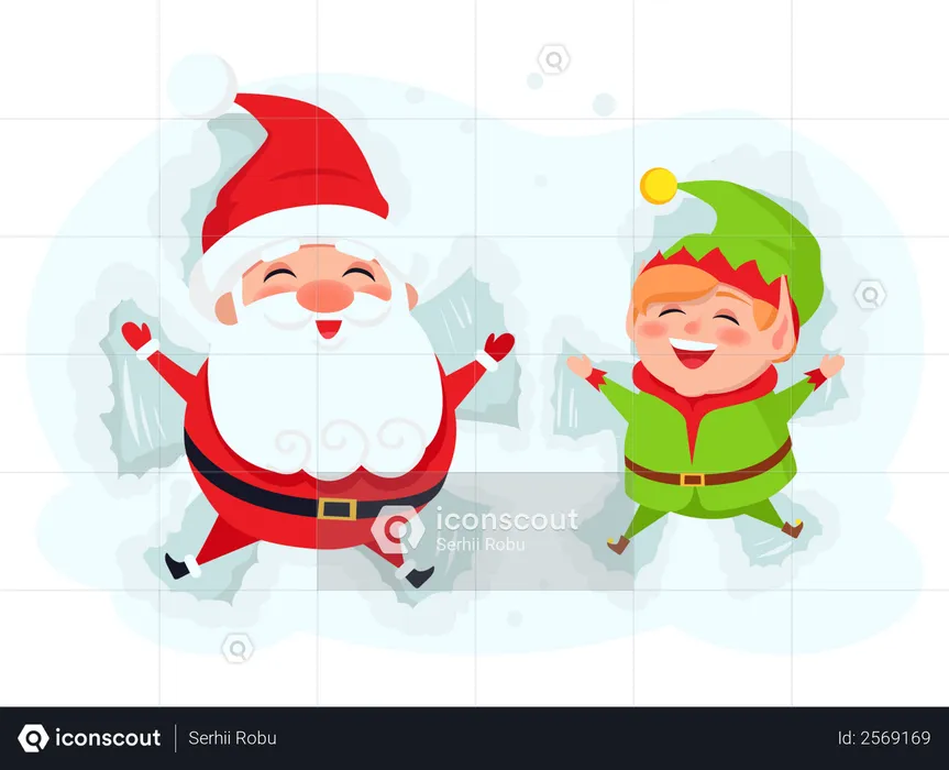 Santa Claus and Elf lying on snow making butterfly  Illustration