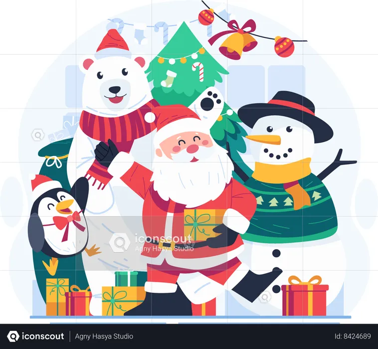 Santa Claus and His Adorable Companions  Illustration