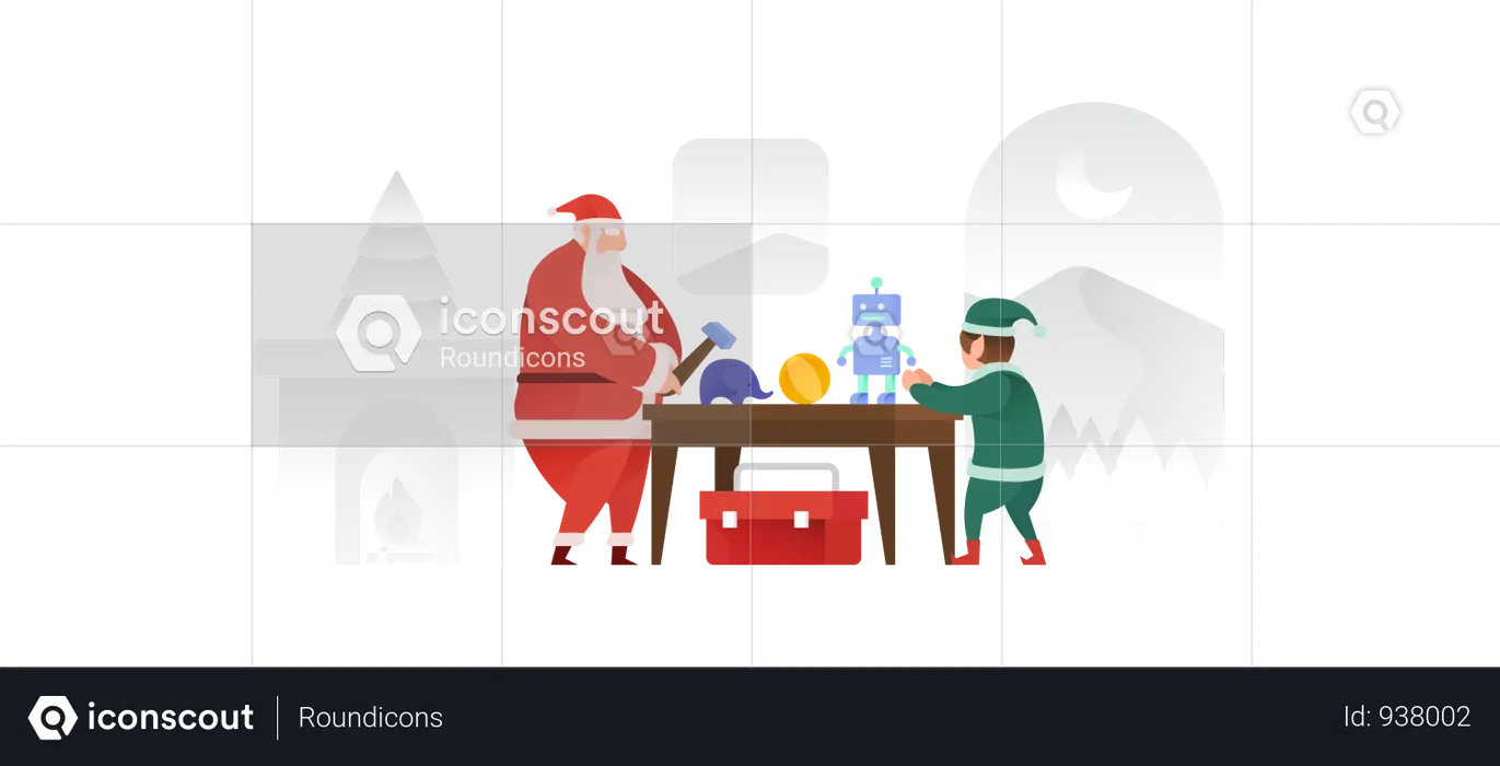 Santa Claus And His Elf Making Toys  Illustration