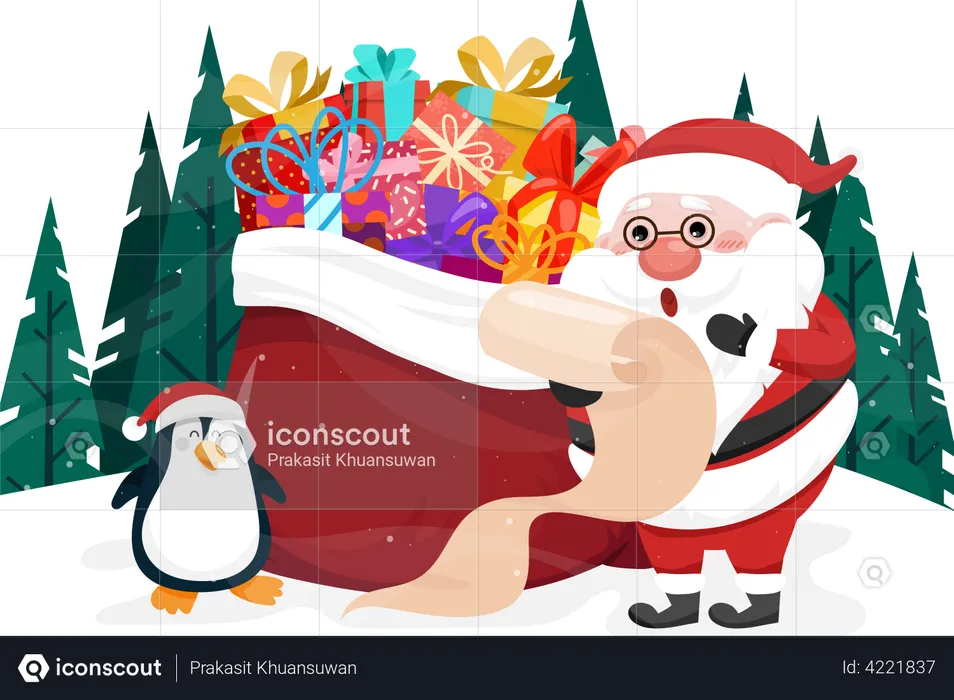 Santa Claus and penguin checking list name with preset box  Illustration