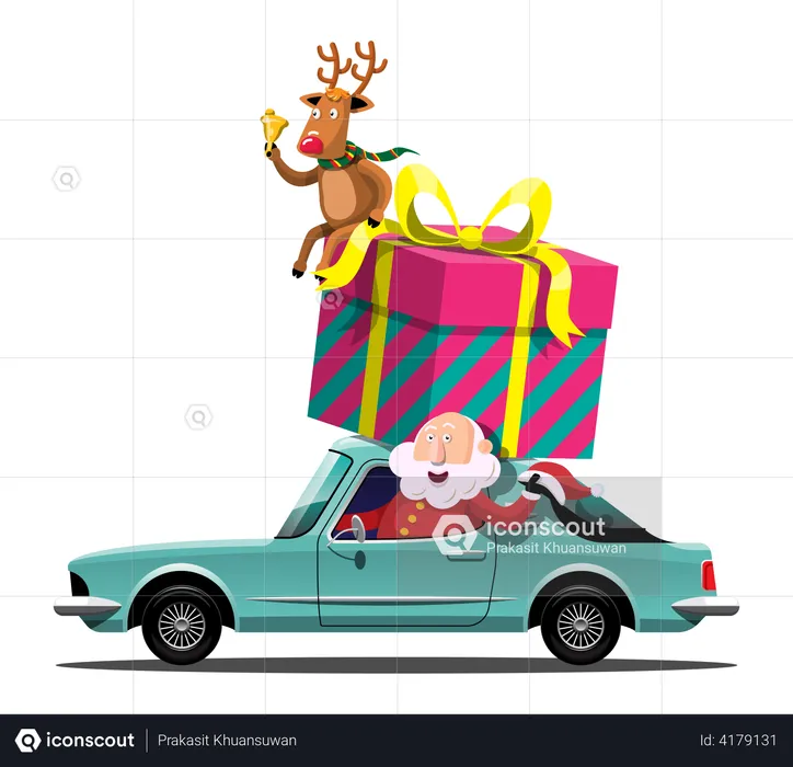 Santa Claus and reindeer drives a car to deliver Christmas gifts  Illustration