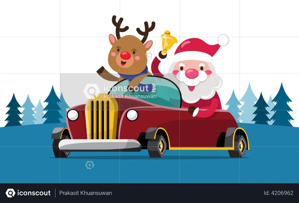 Santa Claus and reindeer drives a car to deliver Christmas presents  Illustration
