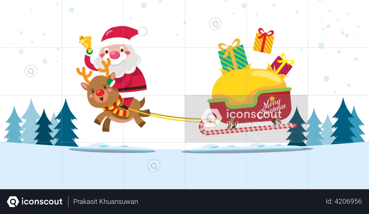 Santa Claus and reindeer drives a sleigh to send Christmas gift to children around the world  Illustration