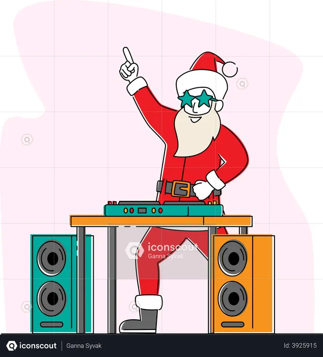 Santa Claus DJ in Headset Making Music at Console at Night Club  Illustration