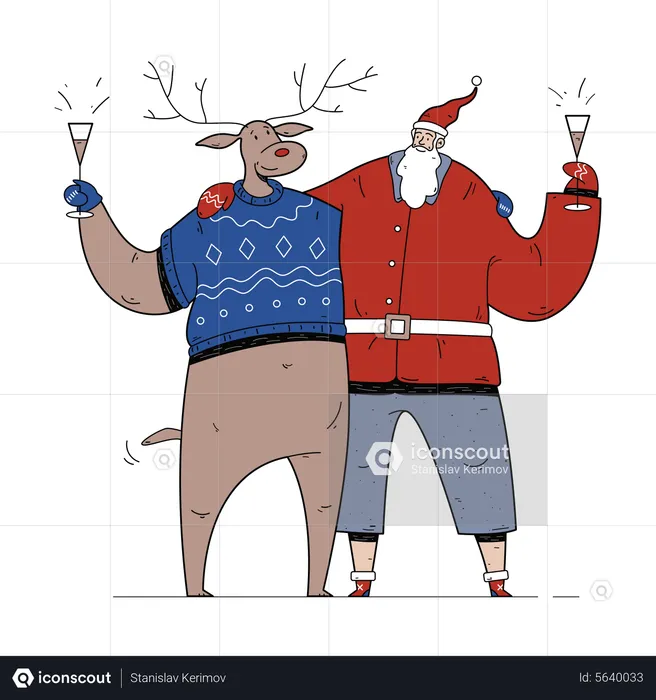 Santa Claus drinking champagne with reindeer  Illustration