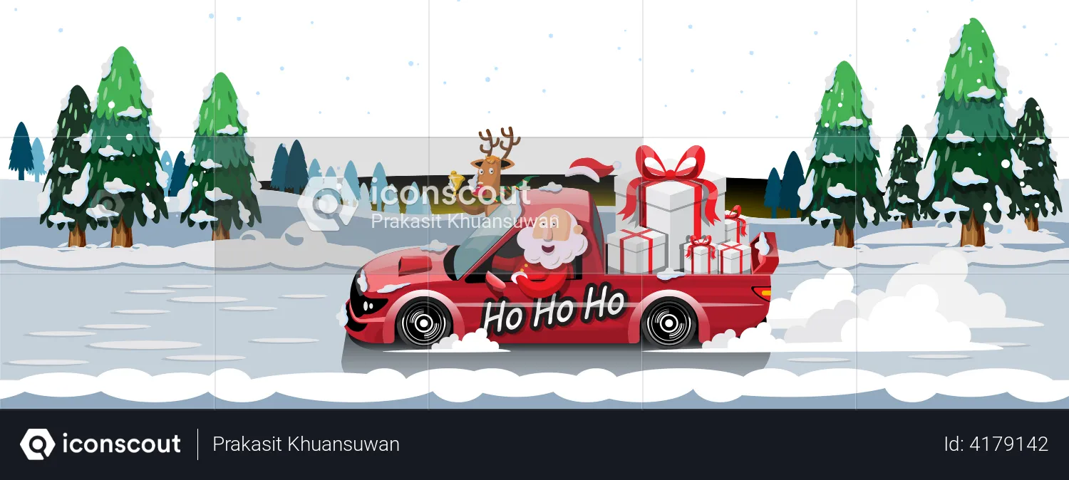 Santa Claus drives a car to deliver Christmas presents to children around the world  Illustration