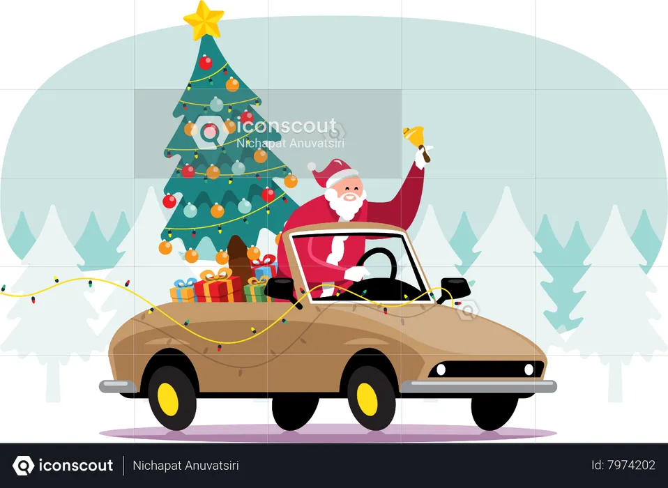 Santa Claus driving car with Christmas gifts and tree  Illustration