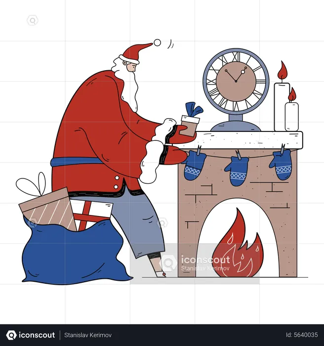 Santa Claus dropping christmas present in socks  Illustration