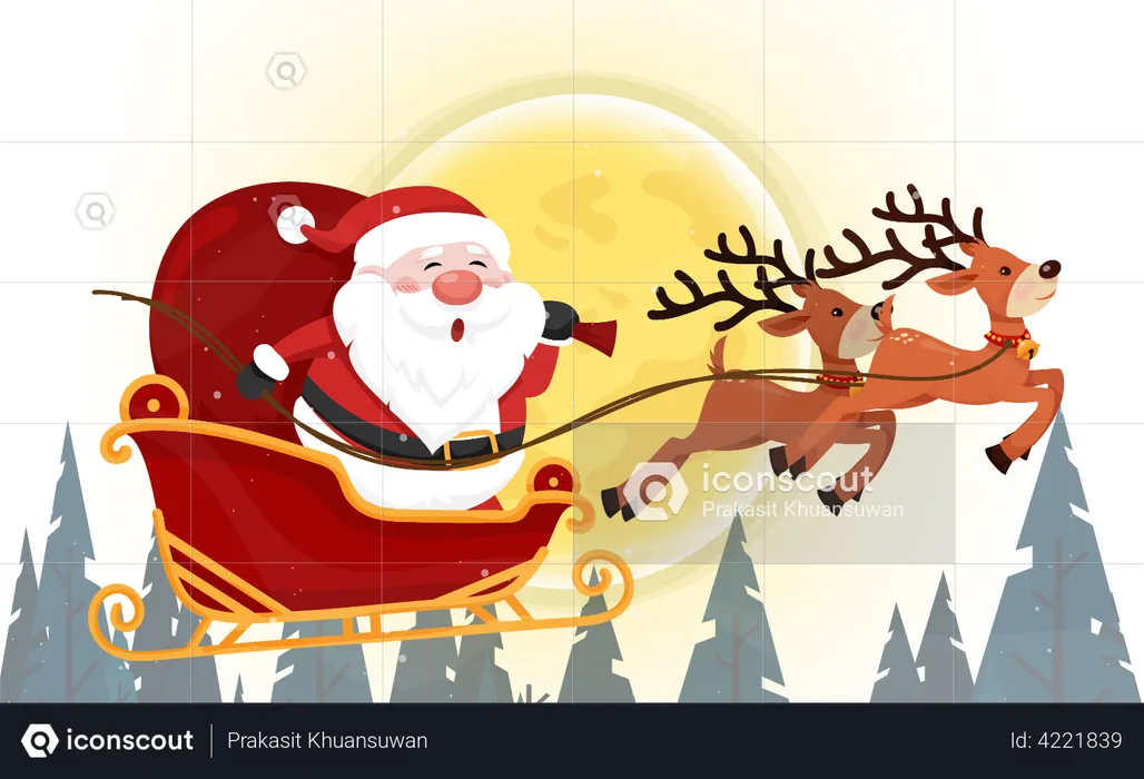 Santa Claus flying on the sky in sleigh with reindeer at night  Illustration