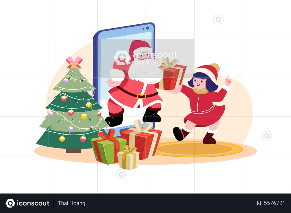 Santa claus gives Christmas gift for kids by online mobile  Illustration