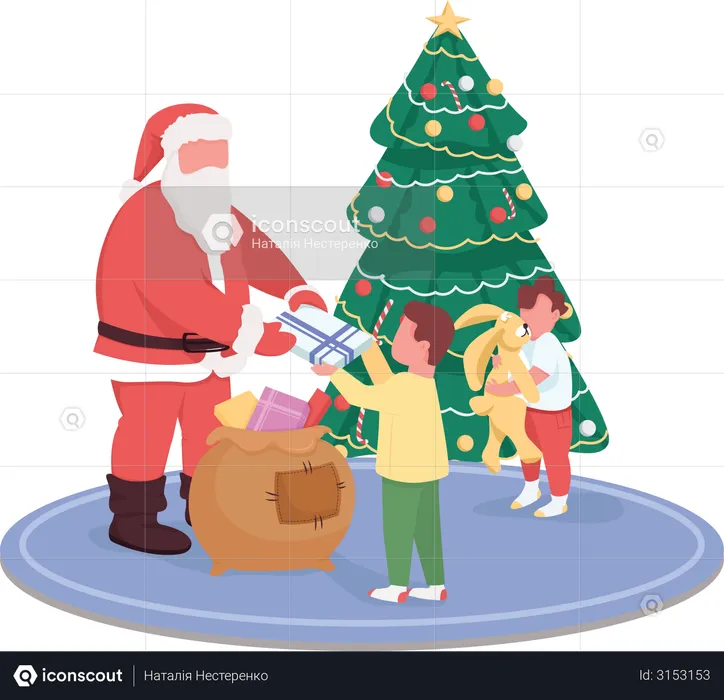 Santa Claus giving children presents  Illustration