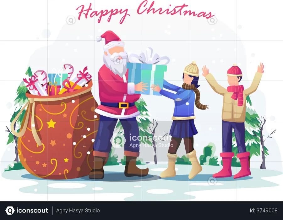 Santa Claus giving Christmas gift to kids  Illustration