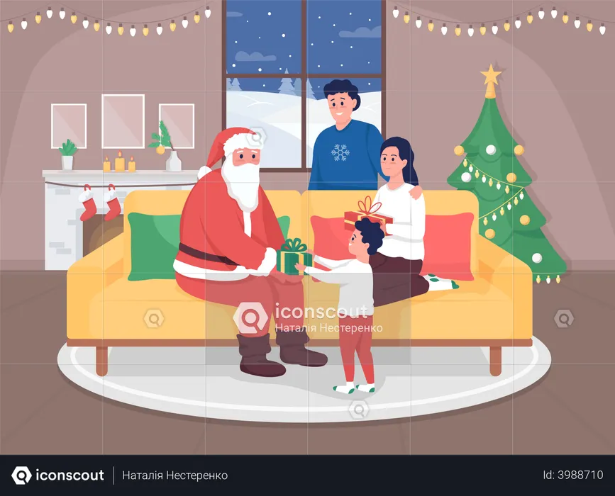 Santa claus giving gift to child at home  Illustration