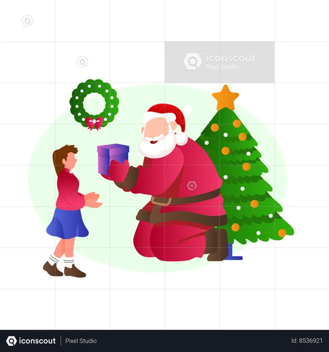 Santa claus giving gift to girl  Illustration