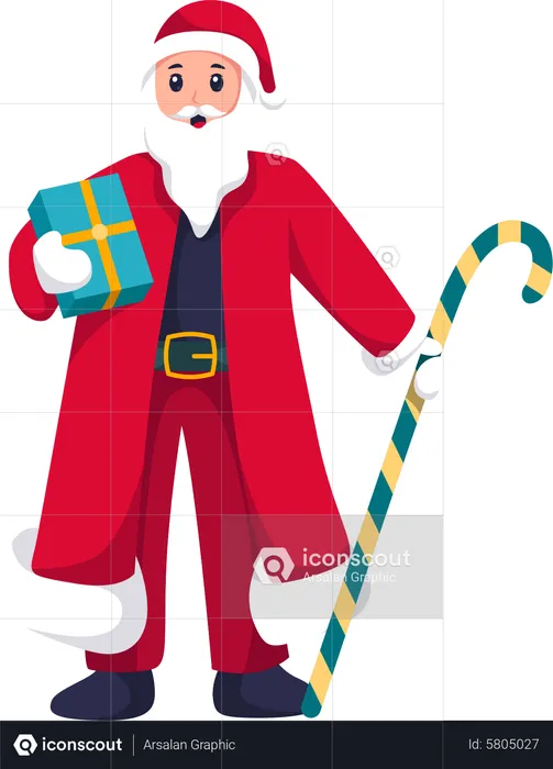 Santa Claus holding Gift Box and big candy  Illustration