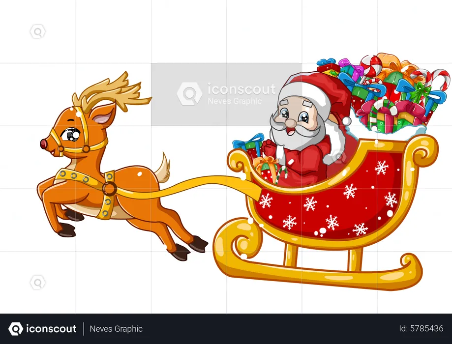 Santa Claus on a reindeer carriage with gifts  Illustration