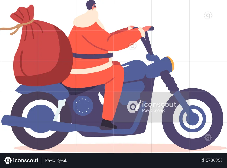 Santa Claus Riding Bike with Gift Sack  Illustration