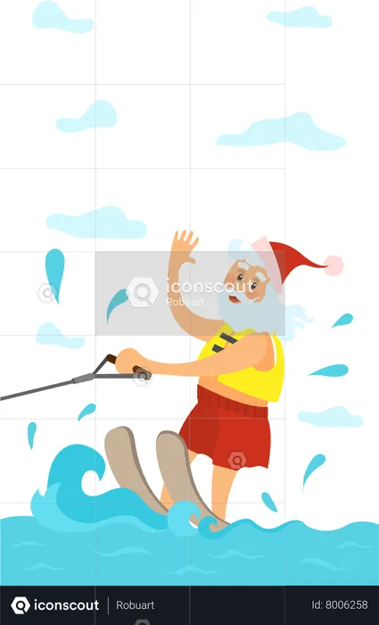 Santa Claus Riding on Water Skies  Illustration