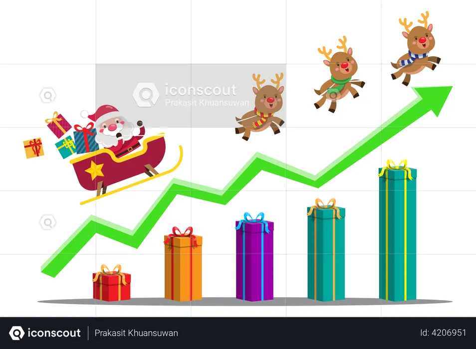 Santa Claus riding sleigh up on gift box graph  Illustration