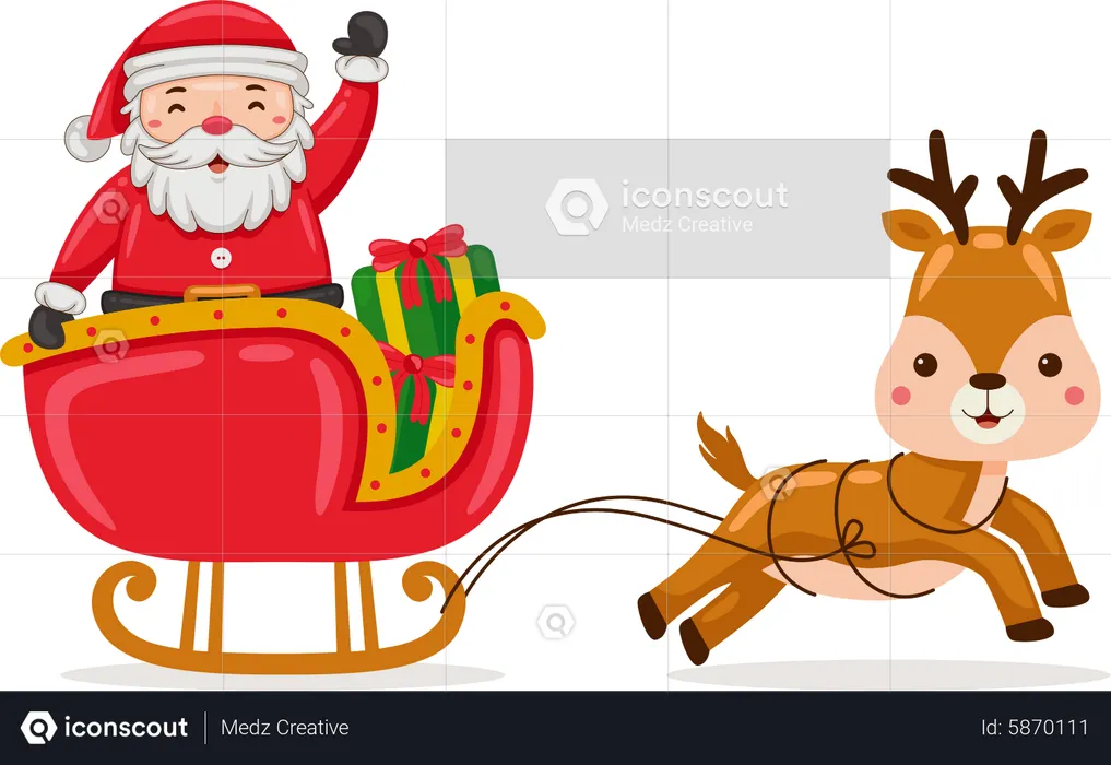 Santa Claus riding sleigh with reindeer to deliver Christmas presents  Illustration